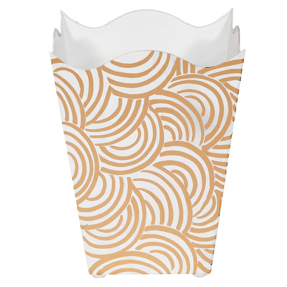Worlds Away Hand-Painted Wave Top Wastebasket - Gold