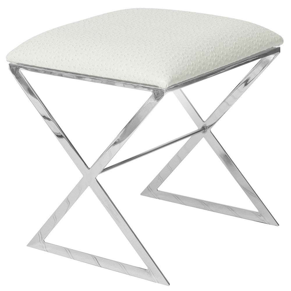 Worlds Away X-Side Nickel Plated Stool - White Faux Ostrich