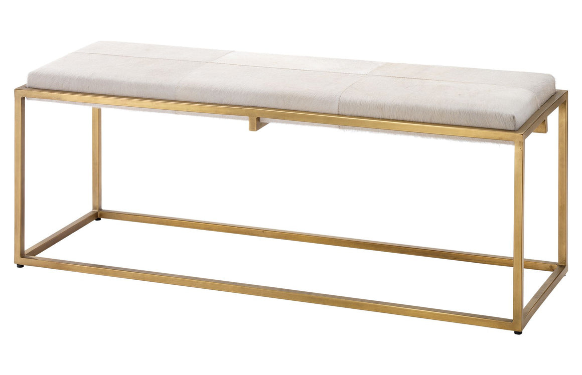Shelby Bench in White Hide & Antique Brass Metal