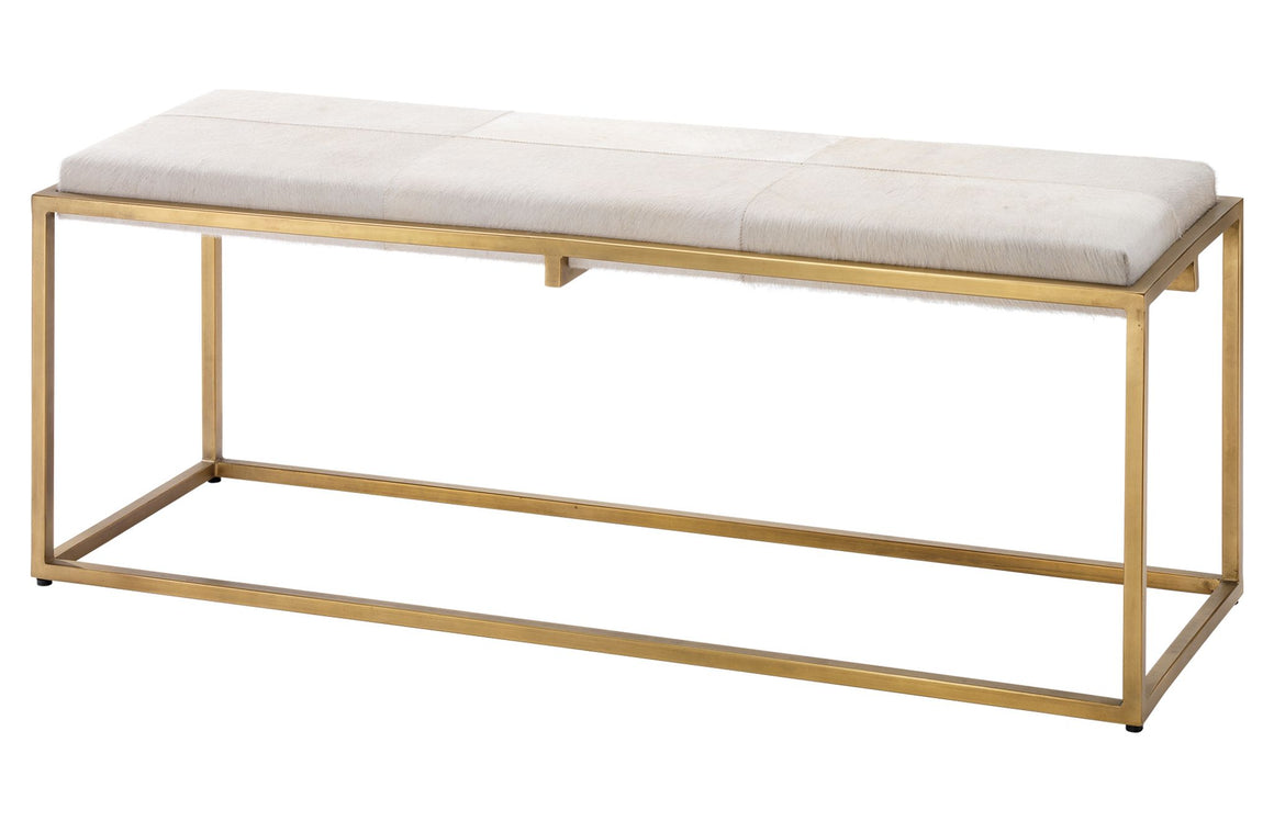Shelby Bench in White Hide & Antique Brass Metal