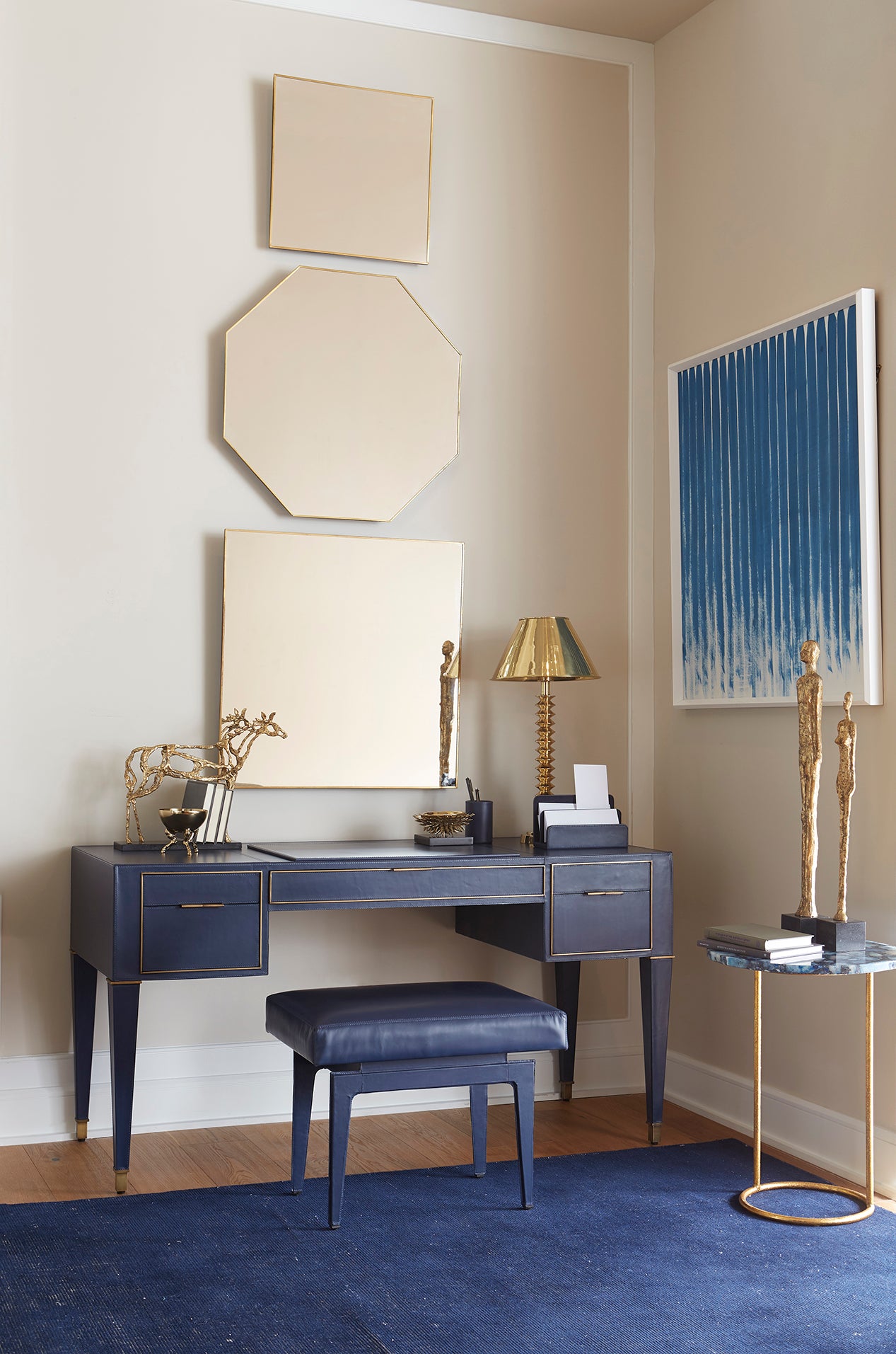 navy blue dressing table stool Navy Blue Floral Vanity Stool Modern Blue Dressing Table With Chair Retracted Dressing Table