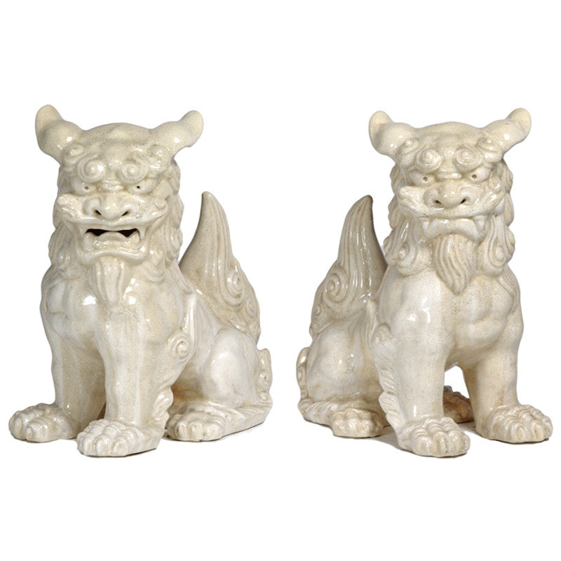 Decor - Pair Of Large Foo Dogs  - White Crackle