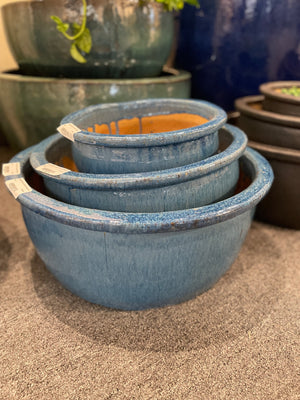 Shallow Blue Ceramic Planter with Lip - Large