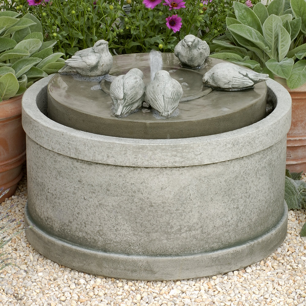 Bird Sculpture Low Round Fountain - Grey Stone Patina