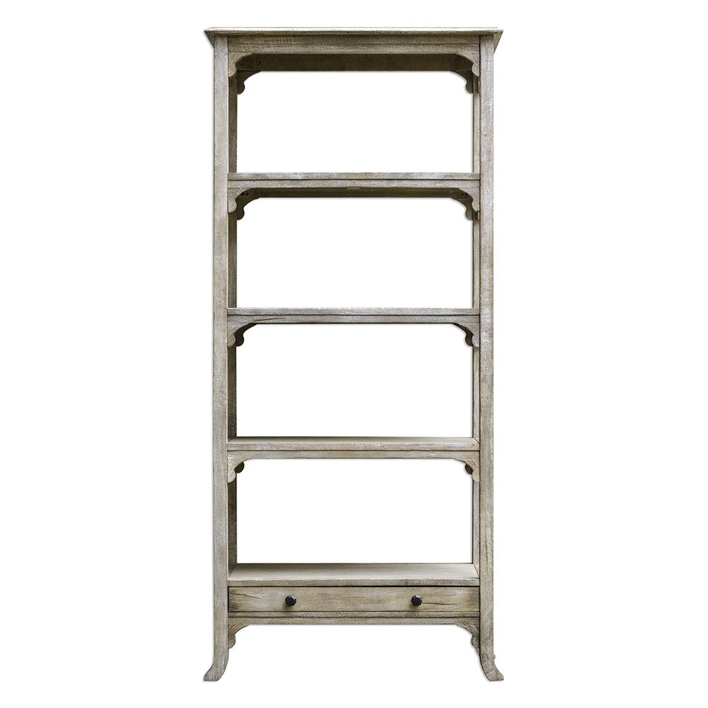 Furniture - Aged White Mango Wood Etagere With Brass Hardware