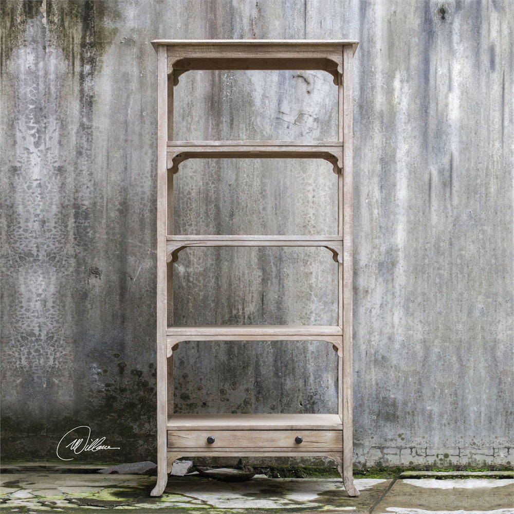 Furniture - Aged White Mango Wood Etagere With Brass Hardware