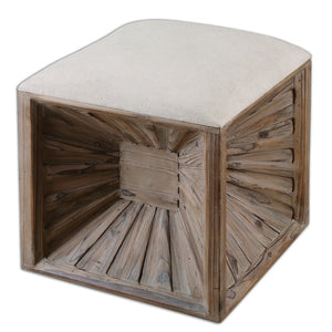 Furniture - Wood & Linen Cube Ottoman