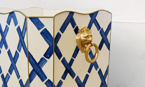 Worlds Away Hand-Painted Square Wastebasket with Lion Handles - Blue Bamboo