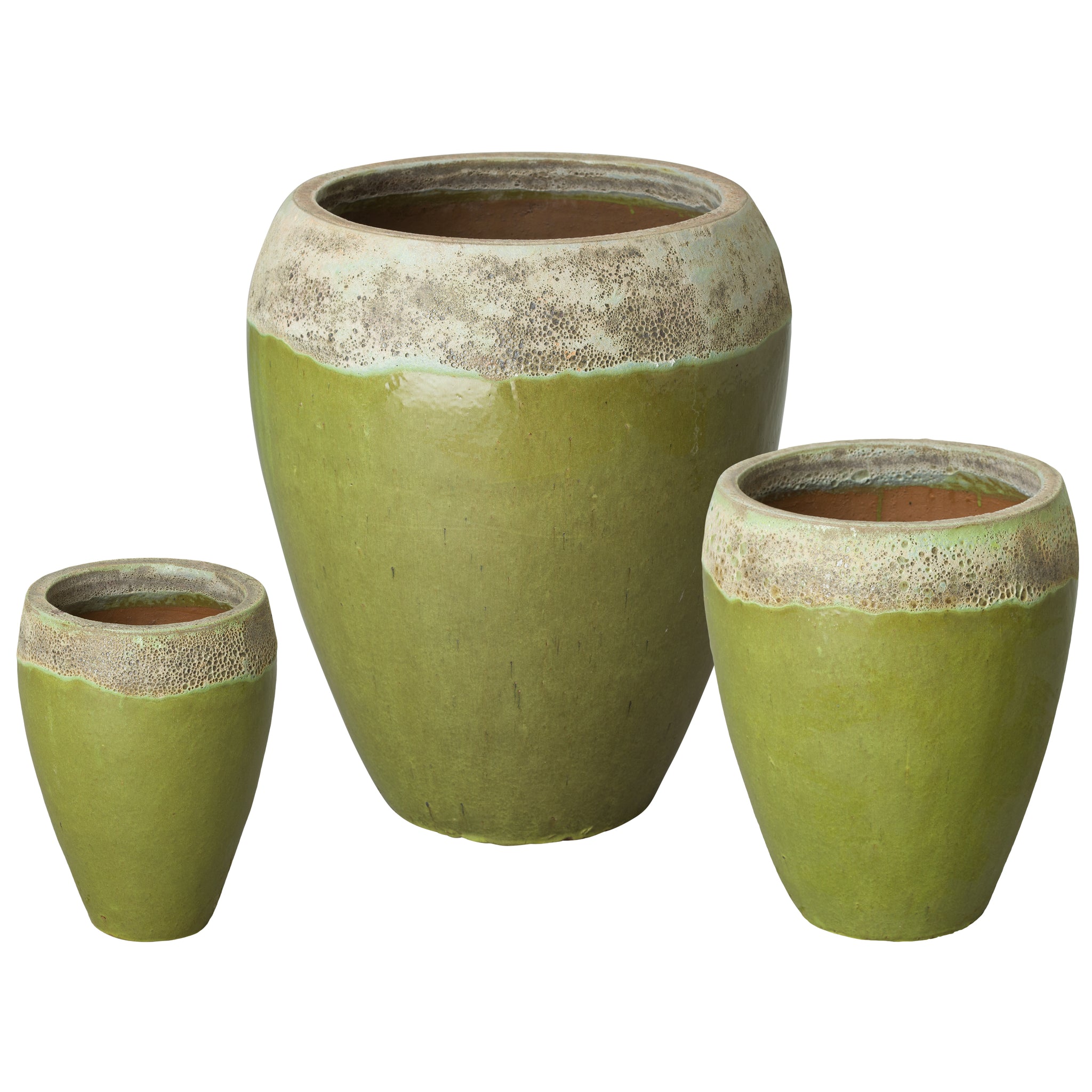Set of Three Round Ceramic Planter with a Reef/Lime Glaze