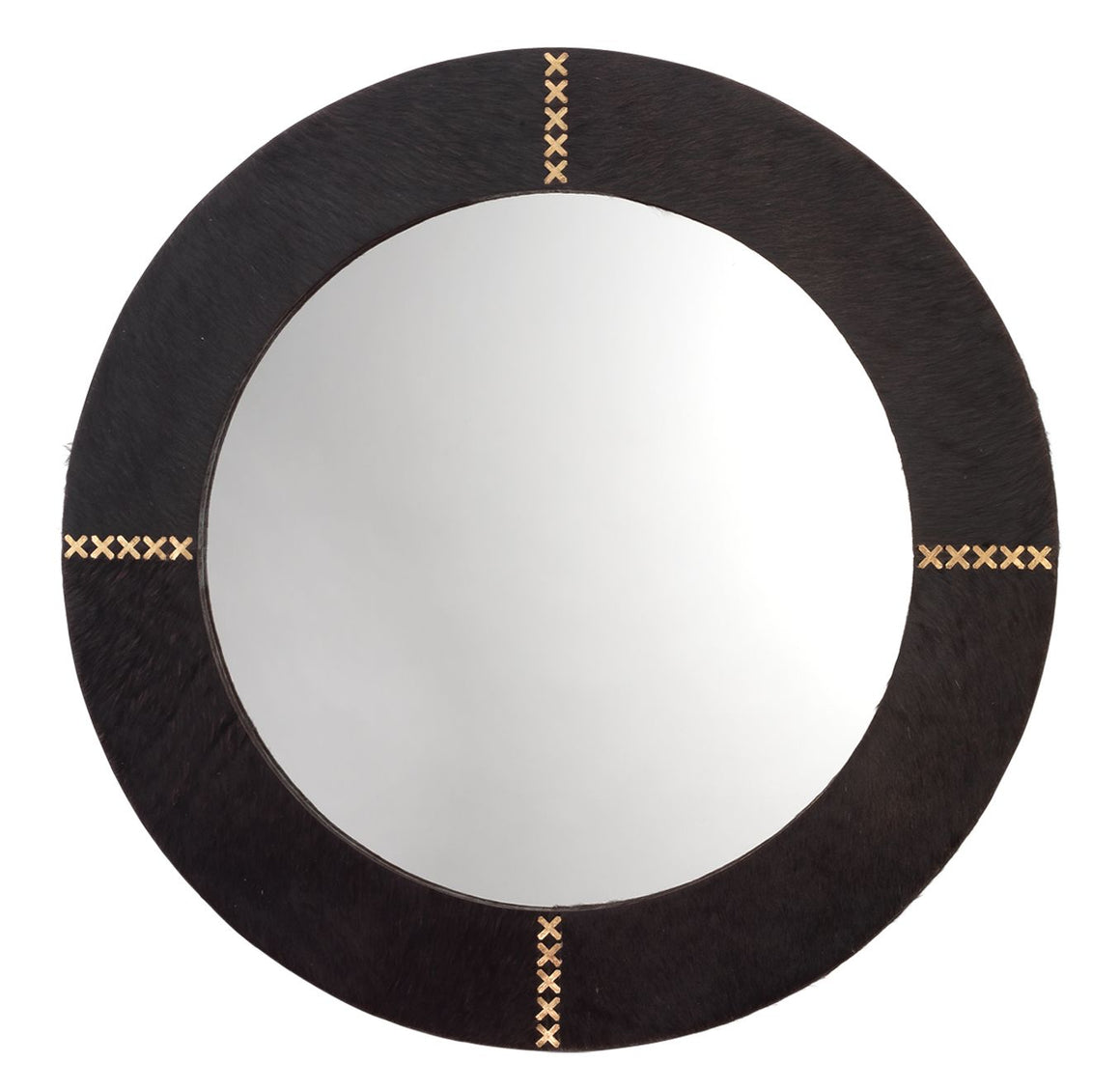 Round Cross Stitch Mirror in Espresso Hide w/ Antique Brass