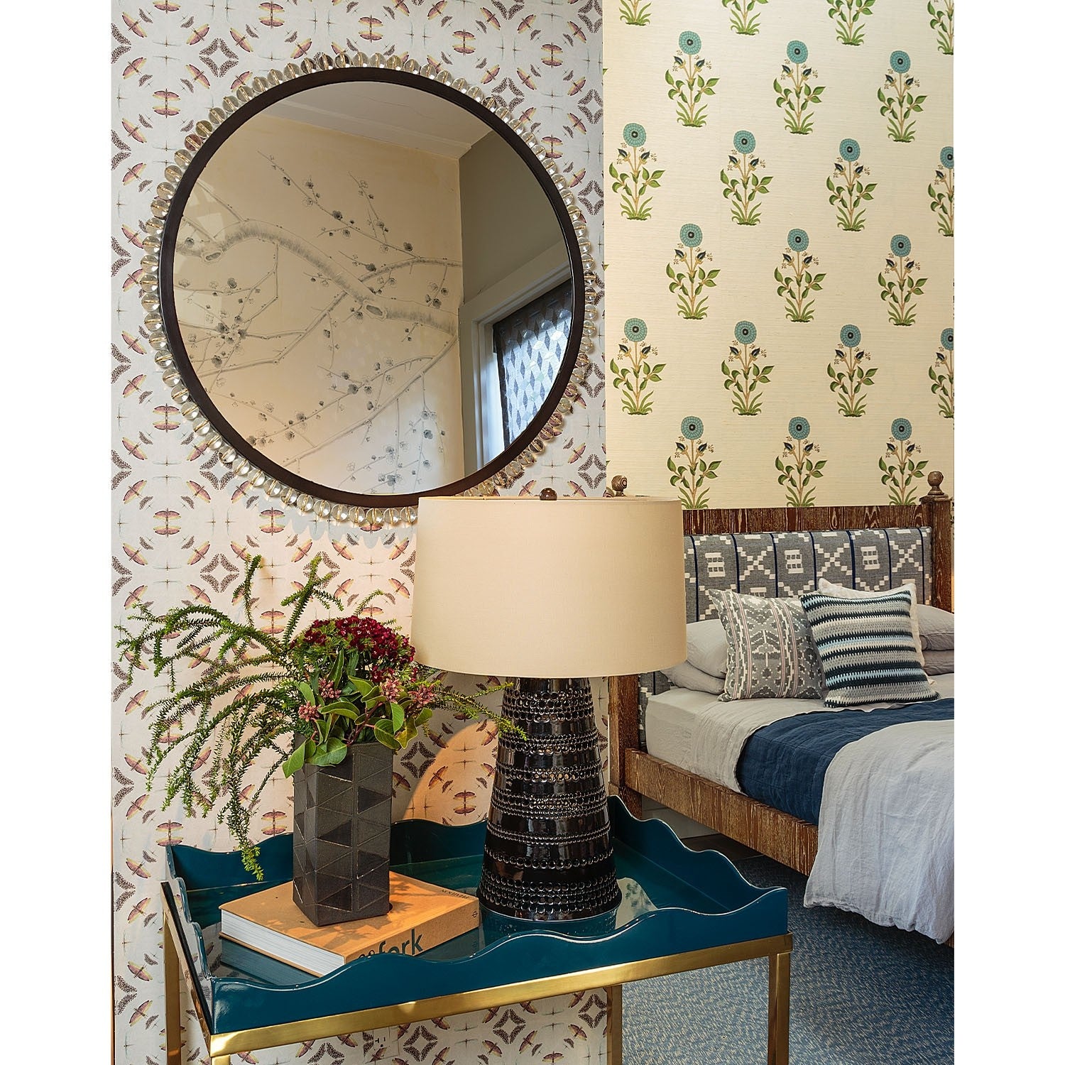 Acrylic & Black Nickel and Brass Nailheads Round Mirror