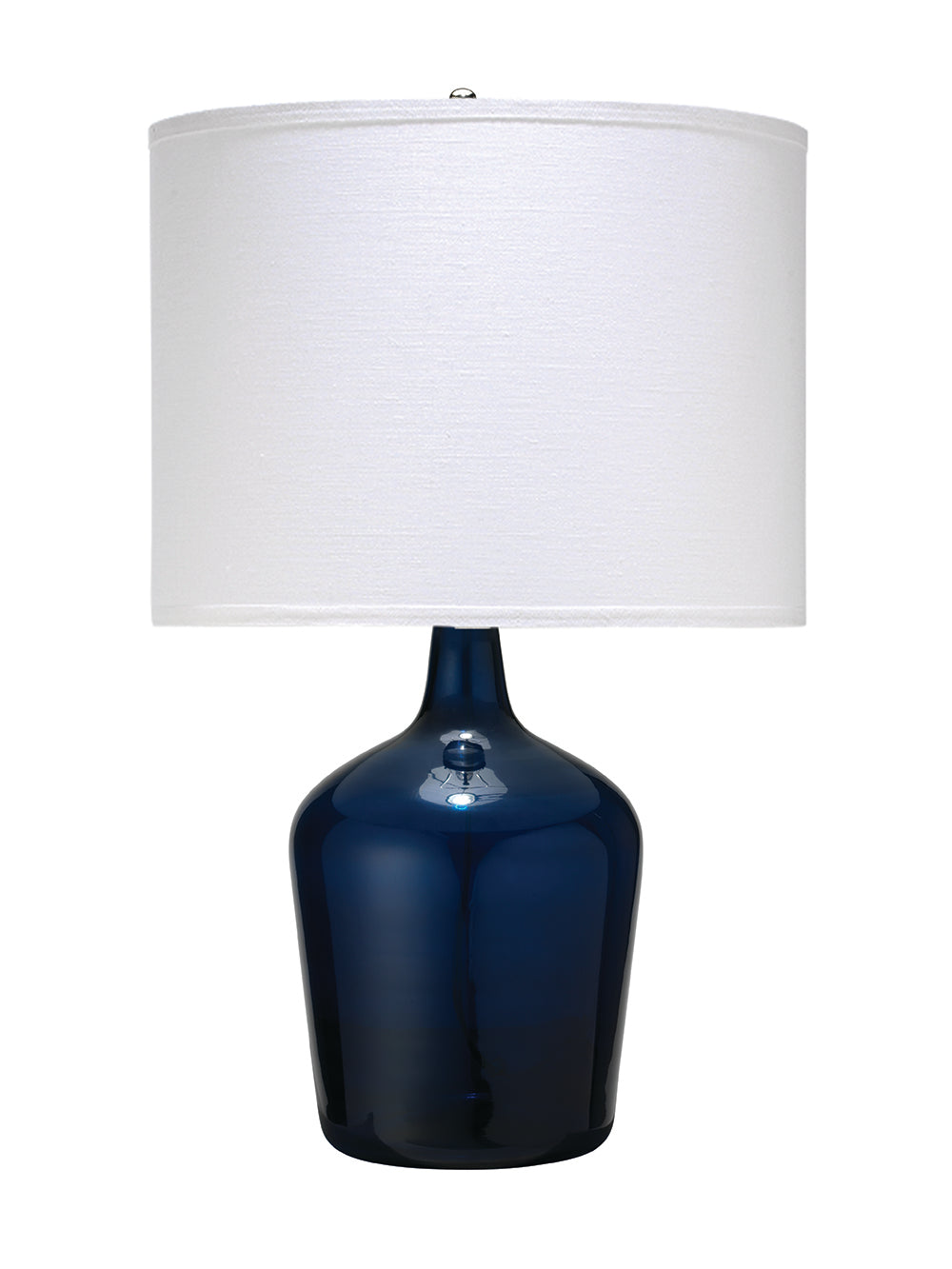Plum Jar Table Lamp, Medium in Navy Blue Glass with Classic Drum Shade in Raffia