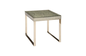 Driftwood Side Table, Wood, Glass, Stainless Steel Base, Scaff Finish