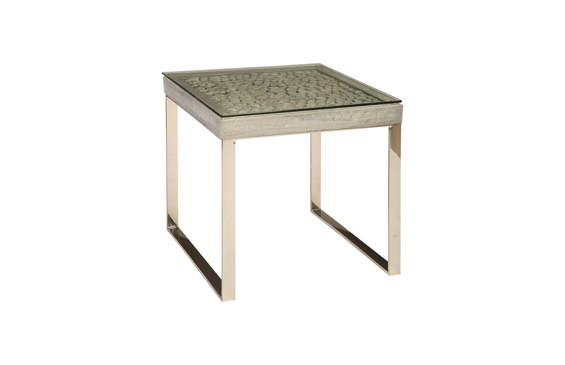 Driftwood Side Table, Wood, Glass, Stainless Steel Base, Scaff Finish