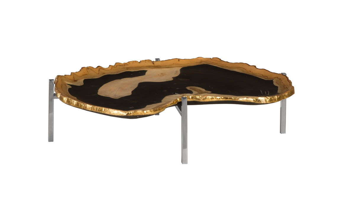Cast Petrified Wood Tray, Gold Leaf Edge, Resin, Stainless Steel Base
