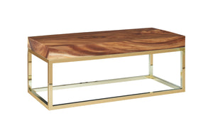 Hayden Chamcha Wood Coffee Table, Natural, Rectangle, Plated Brass Base