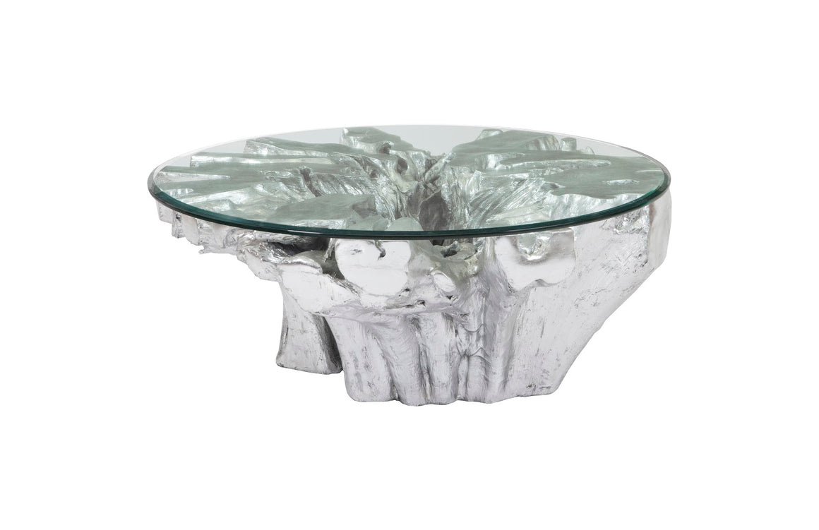 Otis Root Coffee Table with Glass, Silver Leaf