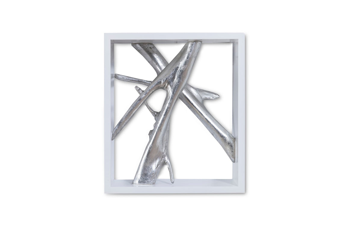 Framed Branches Wall Tile, White, Silver Leaf