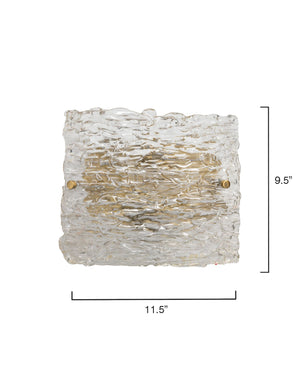 Swan Curved Glass Sconce, Large in Clear Textured Glass & Antique Brass Metal