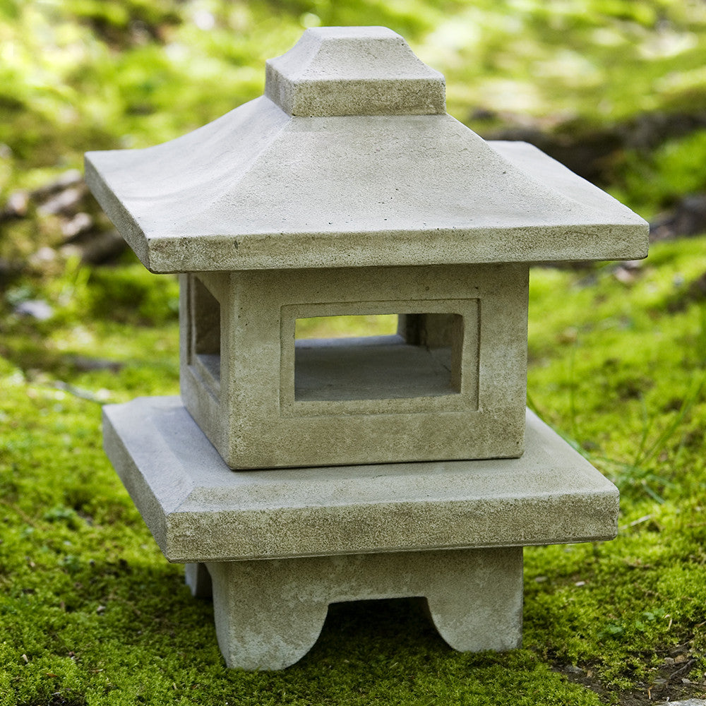 Square Japanese Lantern Sculpture - Verde Patina