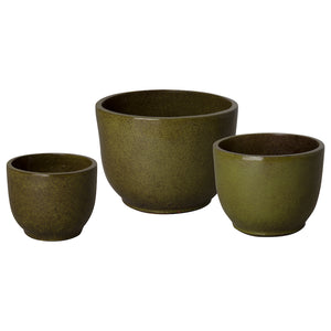 Round Ceramic Planters with a Tropical Green Glaze - Set of Three