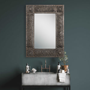 Rustic Embossed Rectangular Mirror - Rust Gray Wash