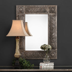 Rustic Embossed Rectangular Mirror - Rust Gray Wash