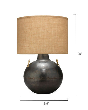 Two Handled Kettle Table Lamp in Iron with Classic Drum Shade in Natural Burlap